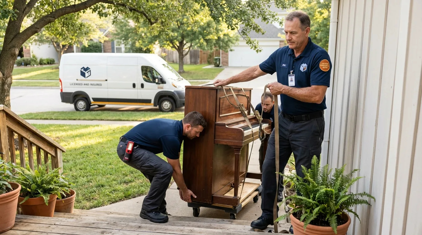 Licensed piano movers securing grand piano in Lemmon, SD