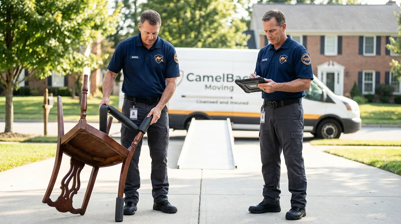 Movers inspecting furniture for damage prevention before loading in Lemmon, SD