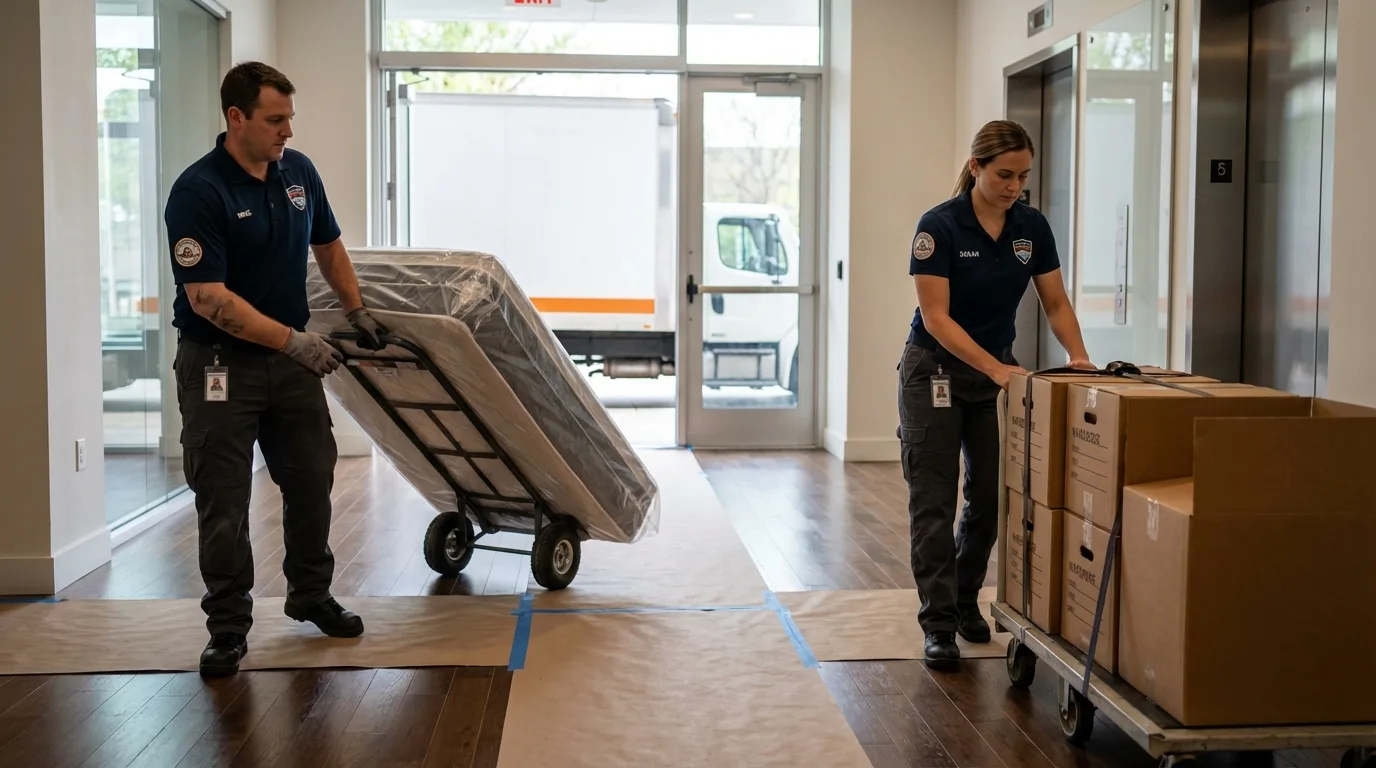 Professional apartment movers loading elevator in Lemmon, SD